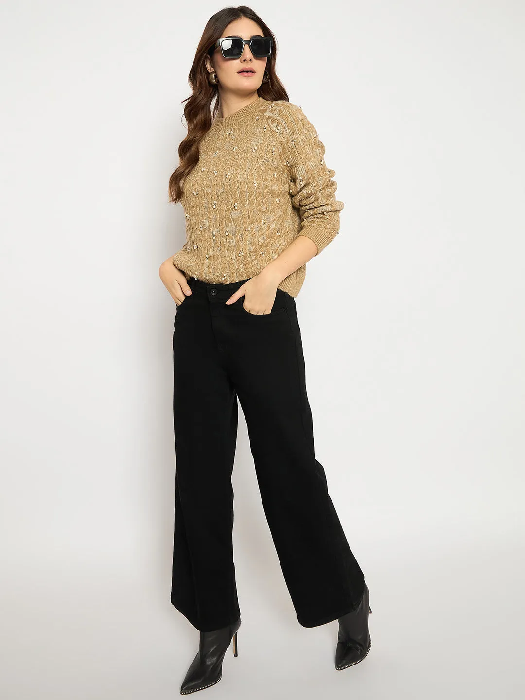 Madame Cable Knit Pearl Embellished Brown Sweater