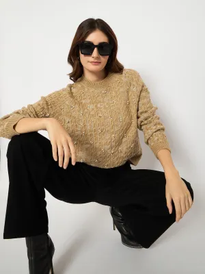 Madame Cable Knit Pearl Embellished Brown Sweater
