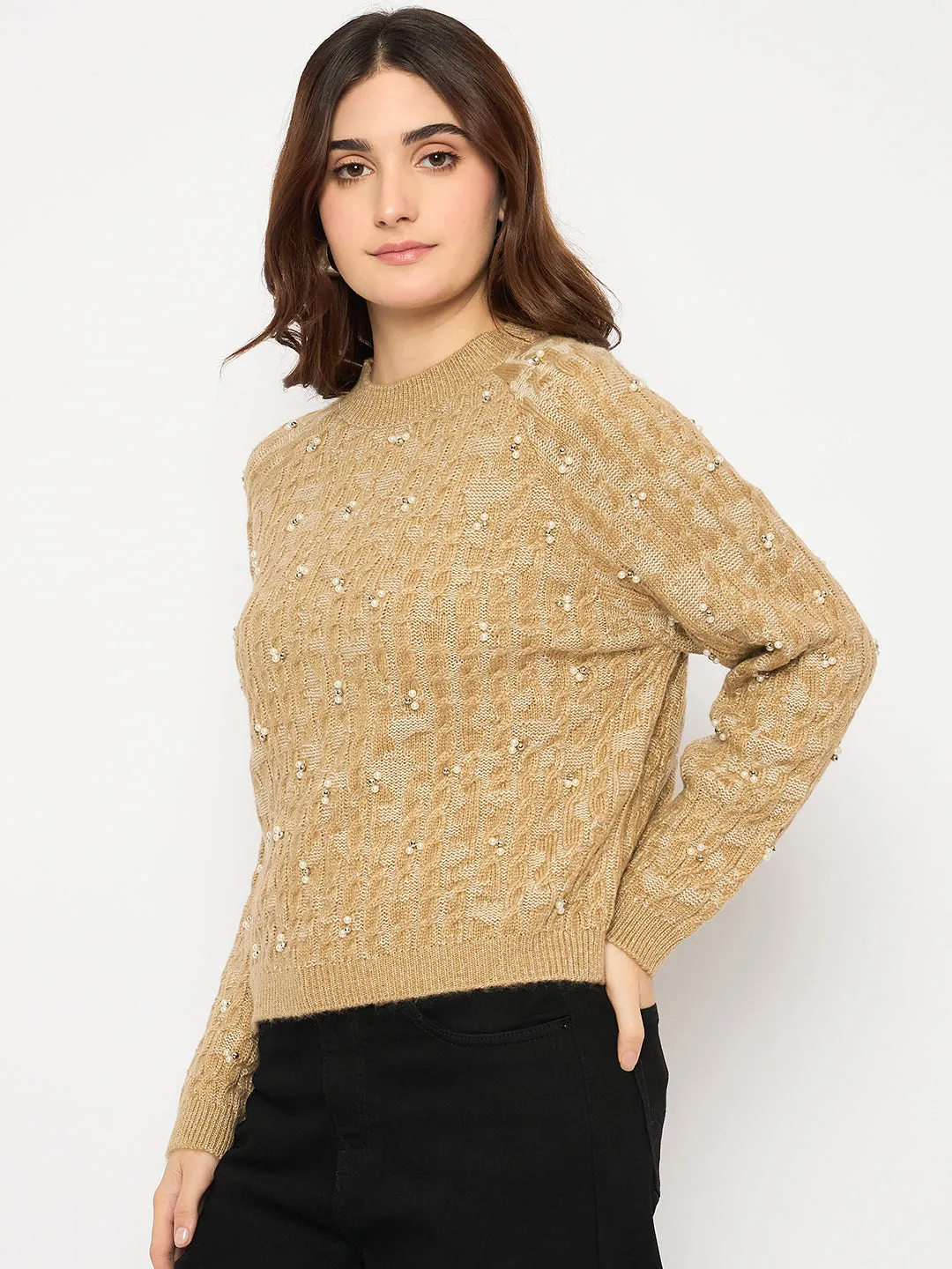 Madame Cable Knit Pearl Embellished Brown Sweater