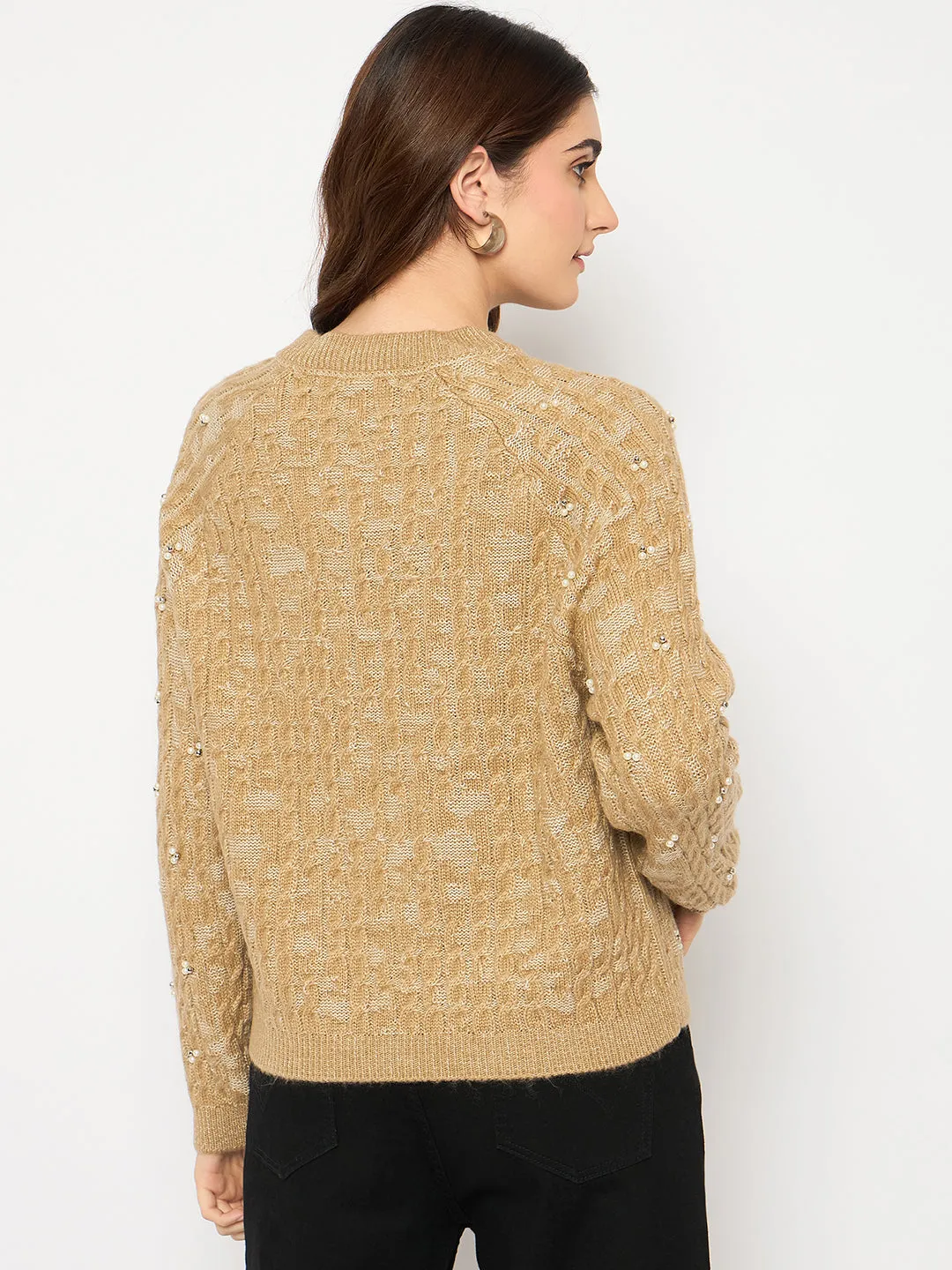 Madame Cable Knit Pearl Embellished Brown Sweater