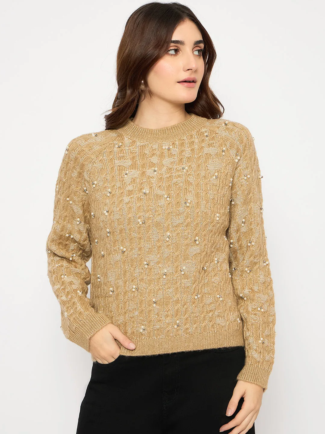 Madame Cable Knit Pearl Embellished Brown Sweater