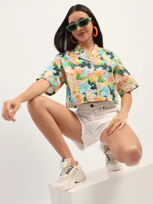 Madame Graphic Print Cotton Sky Blue Cropped Shirt