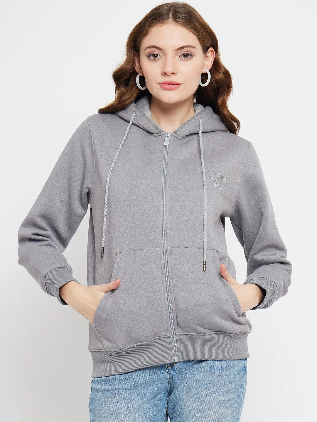 Madame Solid Grey Hooded Sweatshirt