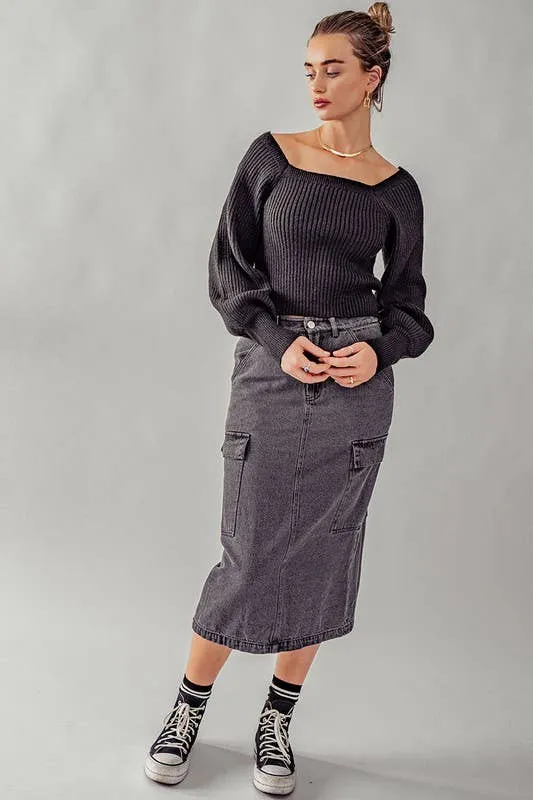Midi Cargo Denim Skirt
