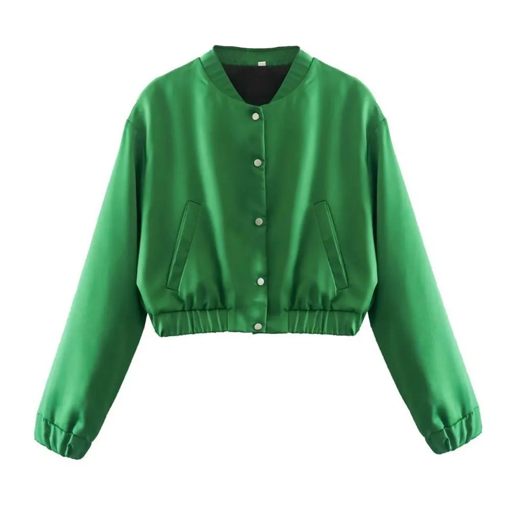 Mock Neck Button Up Long Sleeve Bomber Jacket - Emerald Green