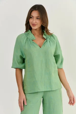 Naturals by O & J Linen Top with Rouched Neckline in Caterpillar  GA432