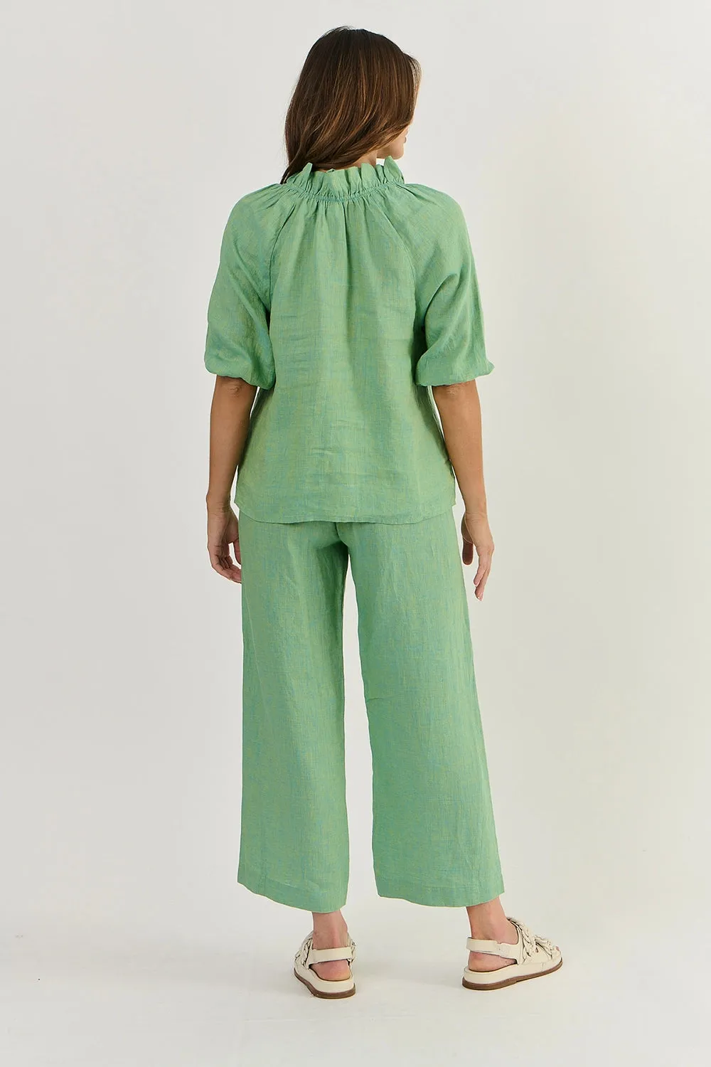 Naturals by O & J Linen Top with Rouched Neckline in Caterpillar  GA432