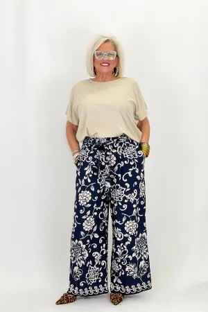 Navy Floral Wide Leg Pant