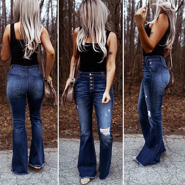 New Breathable Elasticity Women's Flare Bell Bottom Ripped Jeans