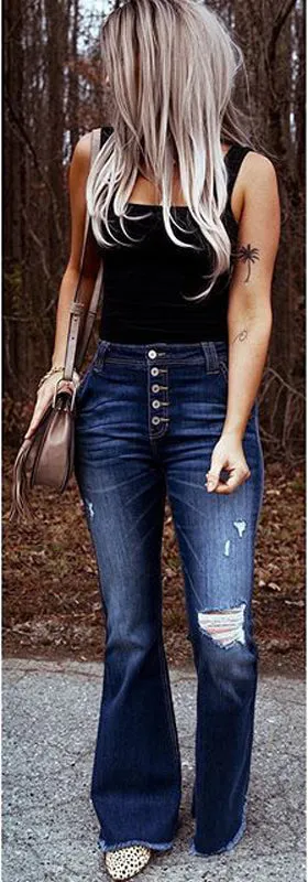New Breathable Elasticity Women's Flare Bell Bottom Ripped Jeans