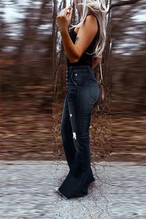 New Breathable Elasticity Women's Flare Bell Bottom Ripped Jeans