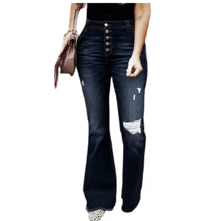 New Breathable Elasticity Women's Flare Bell Bottom Ripped Jeans