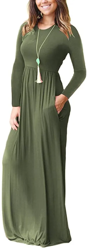 New PCEAIIH Women's Long Sleeve Loose Plain Long Maxi Casual Dresses with Pockets, Olive, Sz 2X!