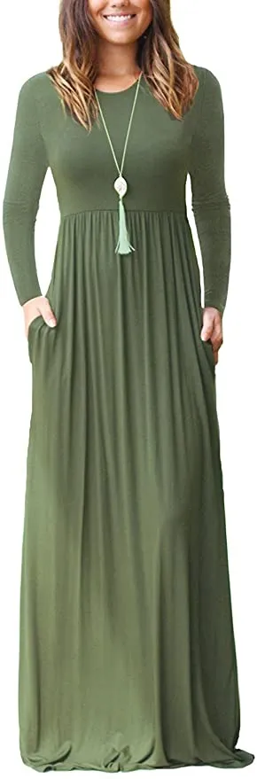 New PCEAIIH Women's Long Sleeve Loose Plain Long Maxi Casual Dresses with Pockets, Olive, Sz 2X!