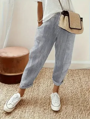 New Pocket Striped Straight Leg Pants, Casual High Waist Pants For Spring & Summer, Women's Clothing Sz 2X
