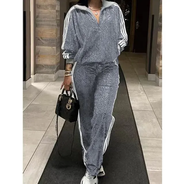 NEW Retails $50, Casual Sequin Top Pants Two-Piece Full Zip Track Suit Set, Silver Grey/White, Sz L