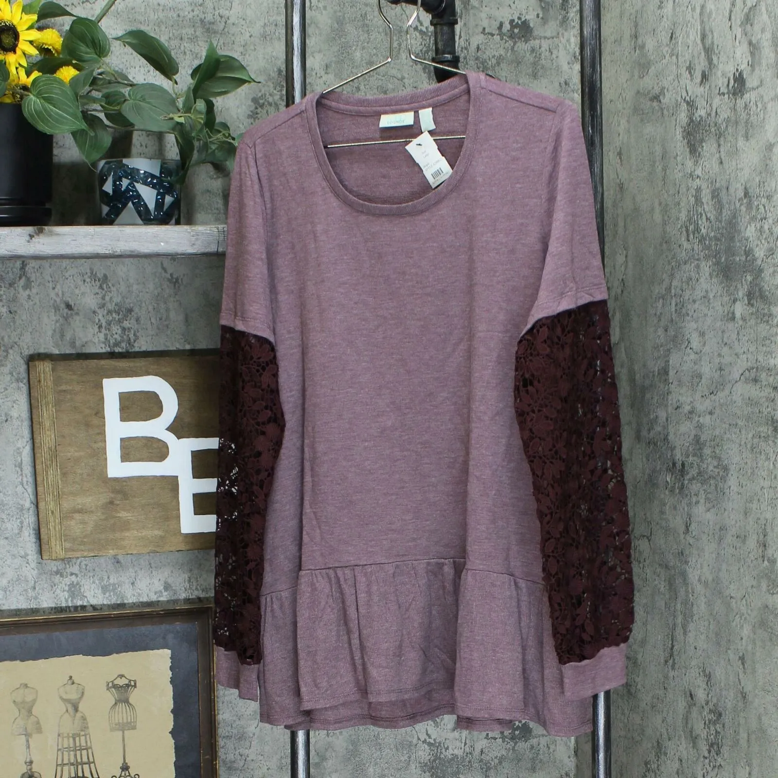NWT LOGO Lounge French Terry Crochet Sleeve Peplum Top. A299623 Large