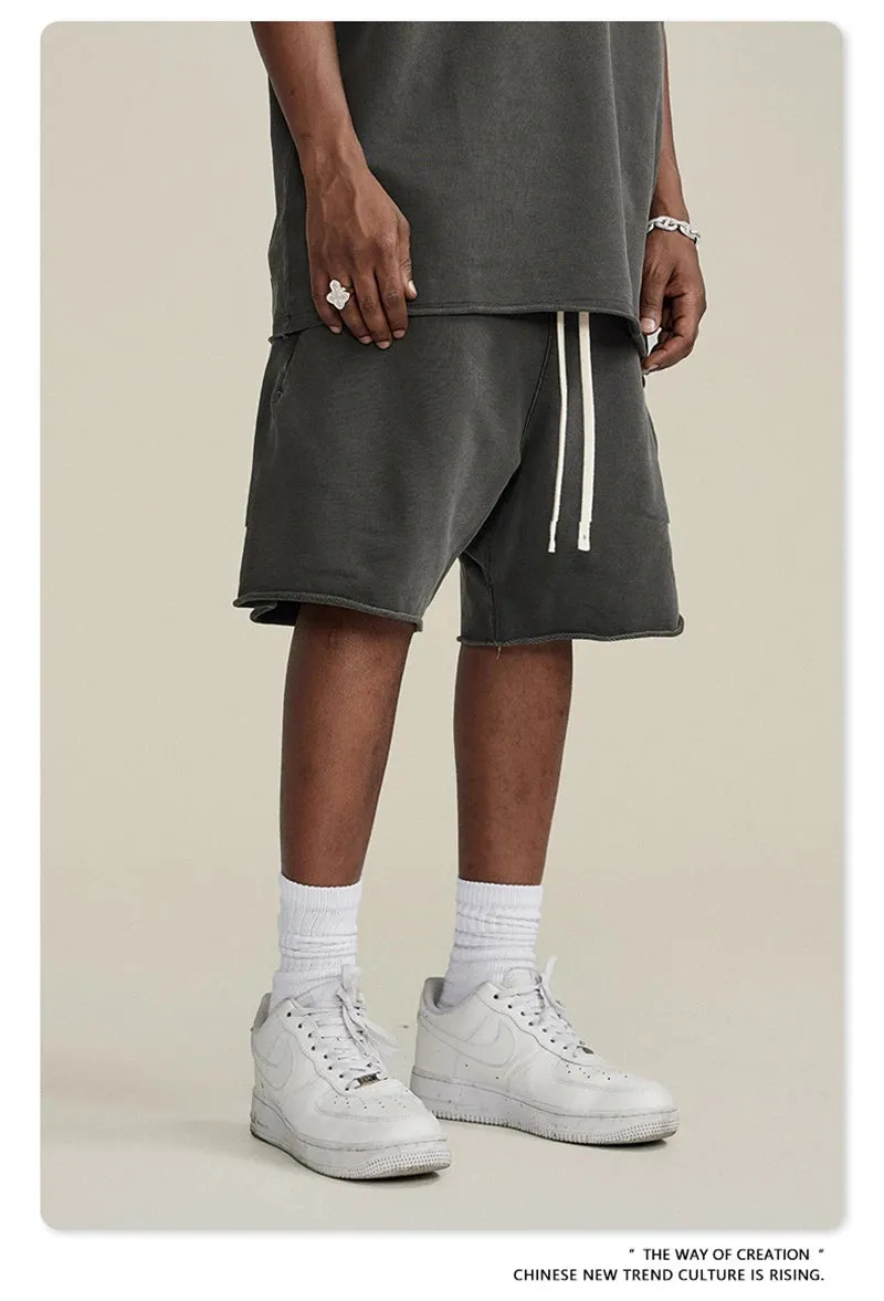 Obsidian Phoenix Luxury 420gsm Retro Washed Shorts - Unisex Loose-Fit Drawstring Knee-Length Cotton Streetwear Pants