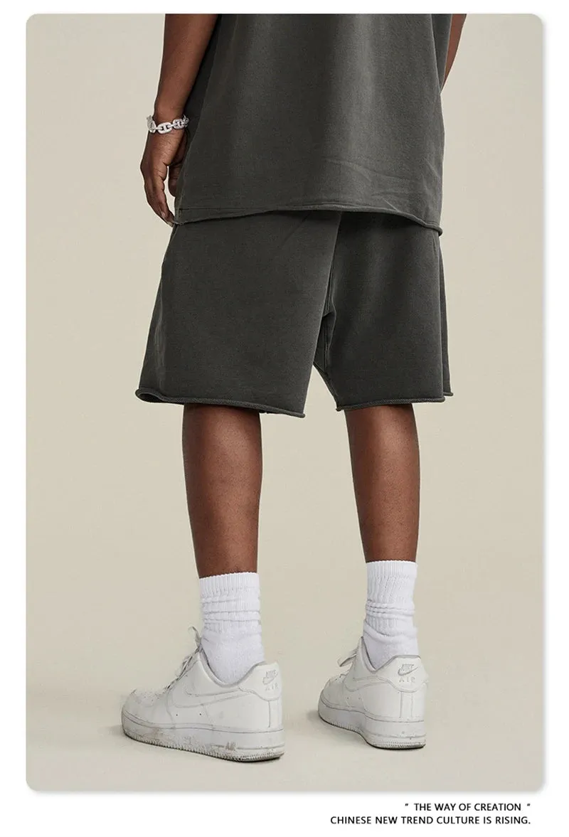 Obsidian Phoenix Luxury 420gsm Retro Washed Shorts - Unisex Loose-Fit Drawstring Knee-Length Cotton Streetwear Pants