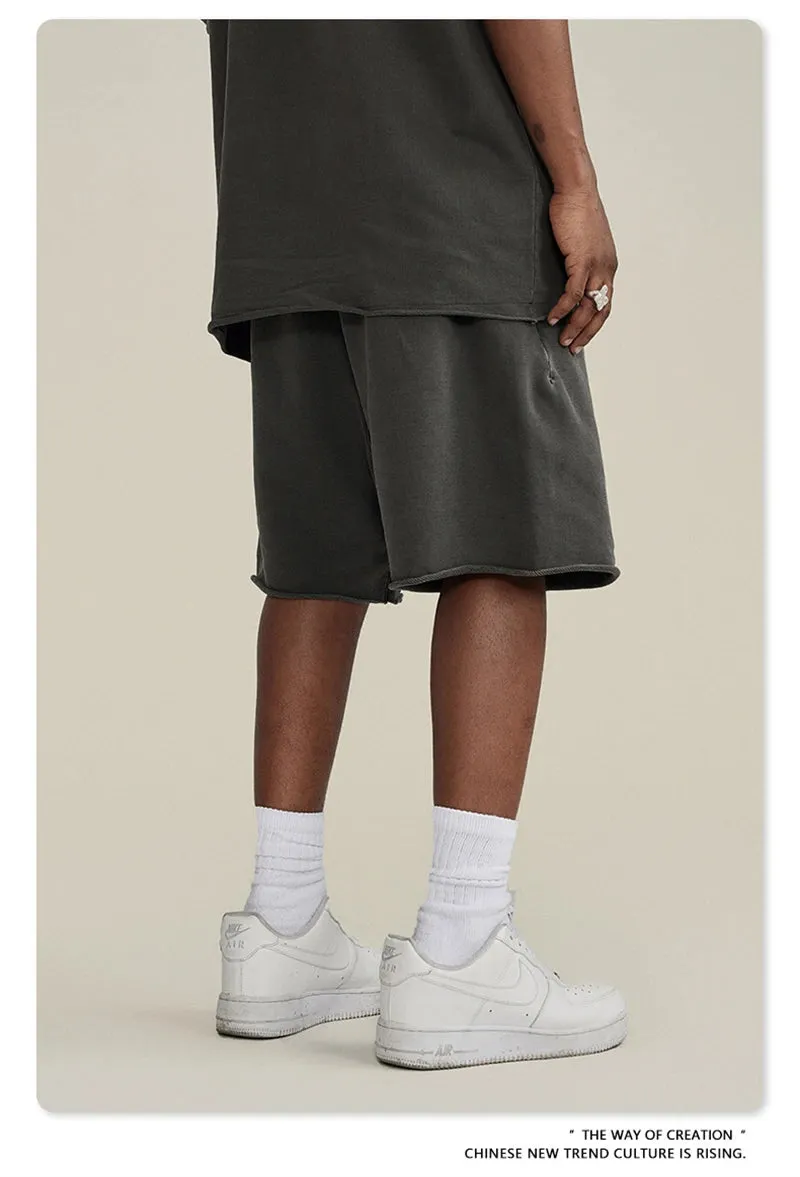 Obsidian Phoenix Luxury 420gsm Retro Washed Shorts - Unisex Loose-Fit Drawstring Knee-Length Cotton Streetwear Pants