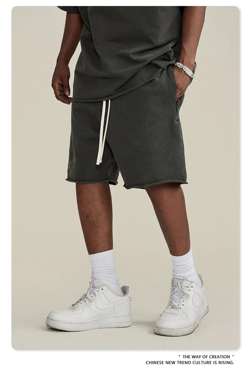 Obsidian Phoenix Luxury 420gsm Retro Washed Shorts - Unisex Loose-Fit Drawstring Knee-Length Cotton Streetwear Pants