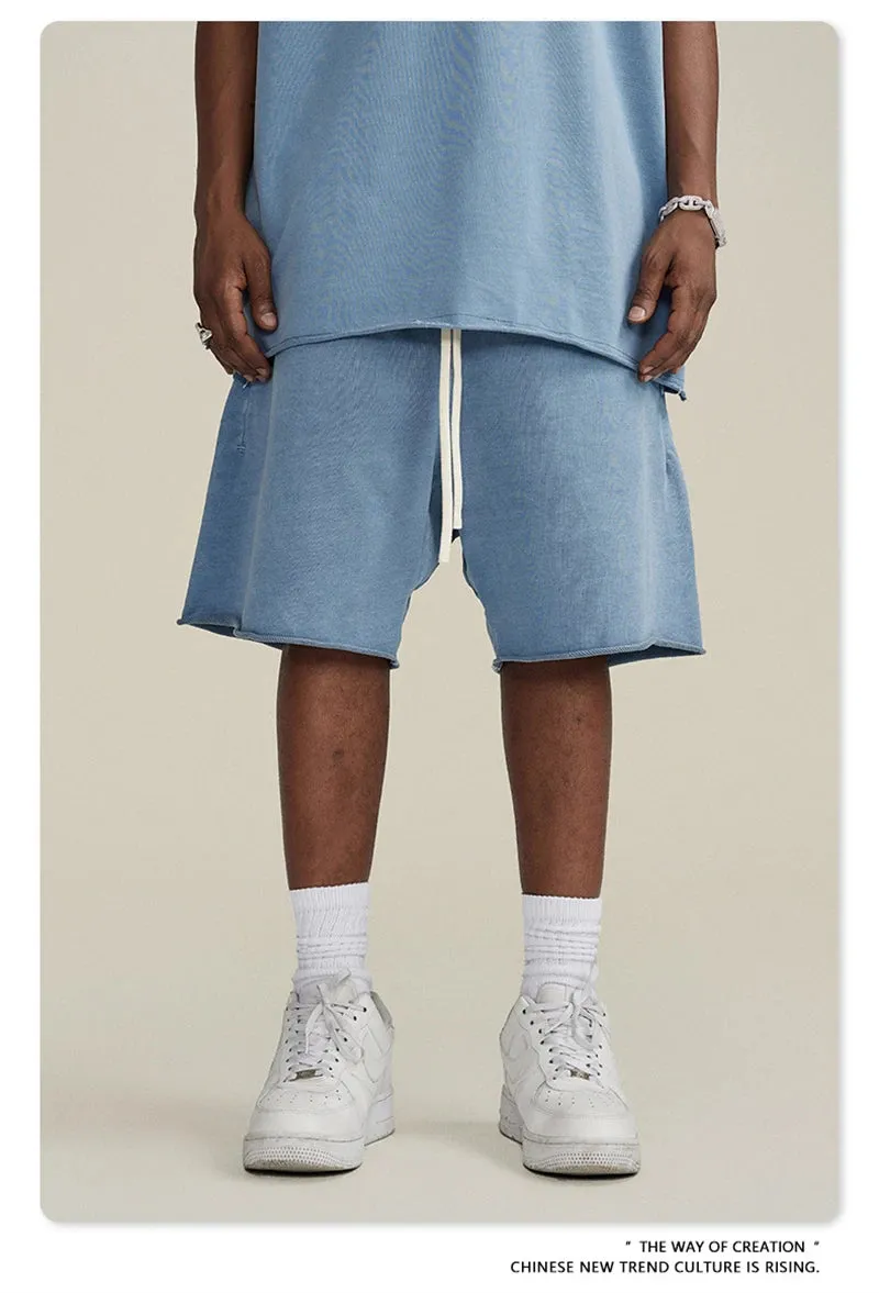 Obsidian Phoenix Luxury 420gsm Retro Washed Shorts - Unisex Loose-Fit Drawstring Knee-Length Cotton Streetwear Pants