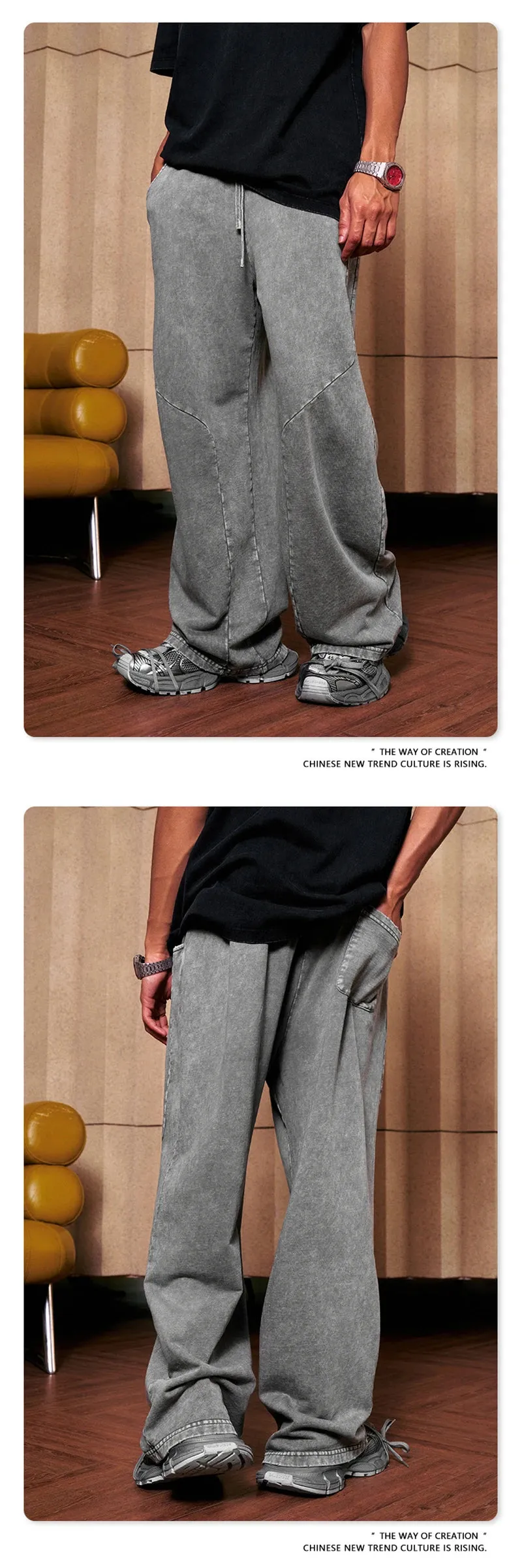 Obsidian Phoenix Luxury Retro Washed Cotton Pants - Unisex 330gsm Distressed Loose-Fit Straight Trousers
