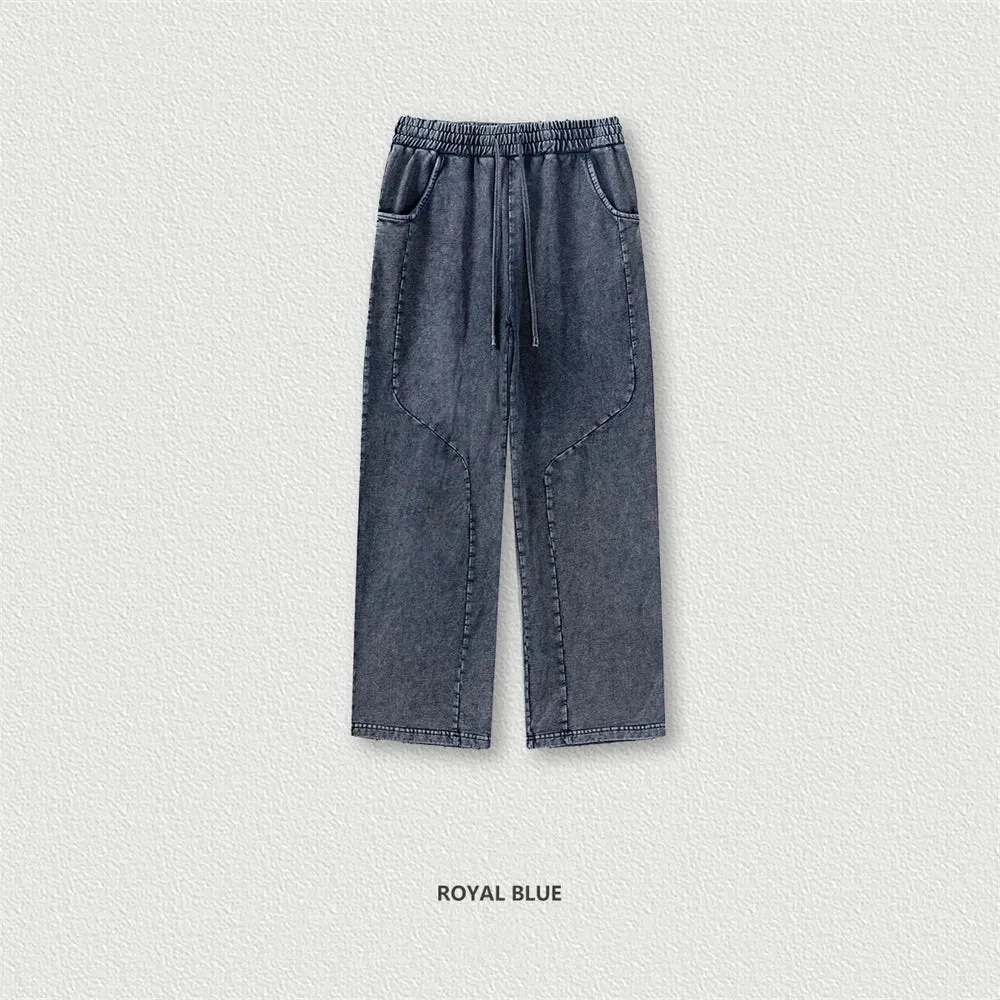 Obsidian Phoenix Luxury Retro Washed Cotton Pants - Unisex 330gsm Distressed Loose-Fit Straight Trousers