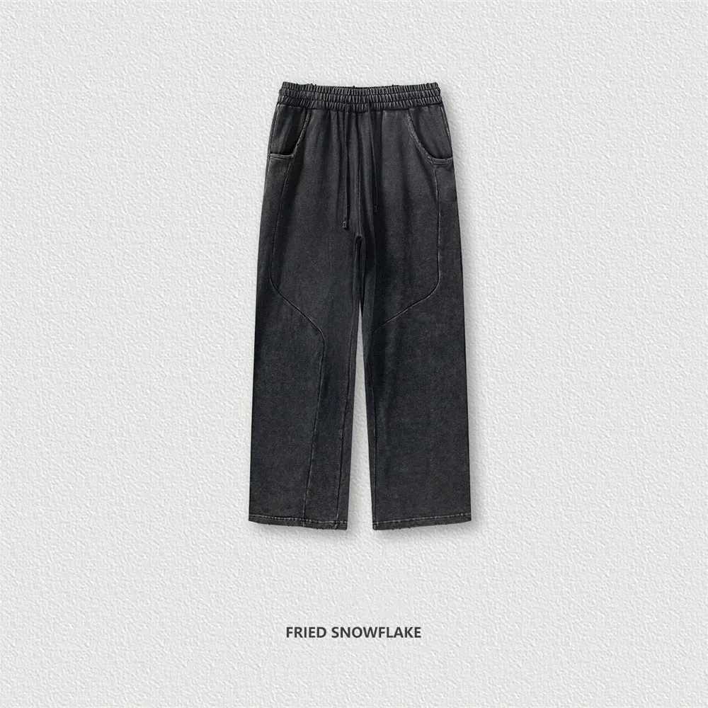 Obsidian Phoenix Luxury Retro Washed Cotton Pants - Unisex 330gsm Distressed Loose-Fit Straight Trousers