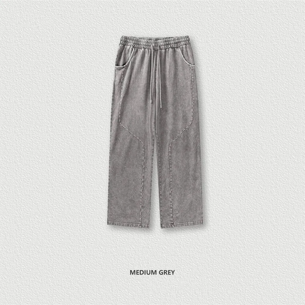 Obsidian Phoenix Luxury Retro Washed Cotton Pants - Unisex 330gsm Distressed Loose-Fit Straight Trousers