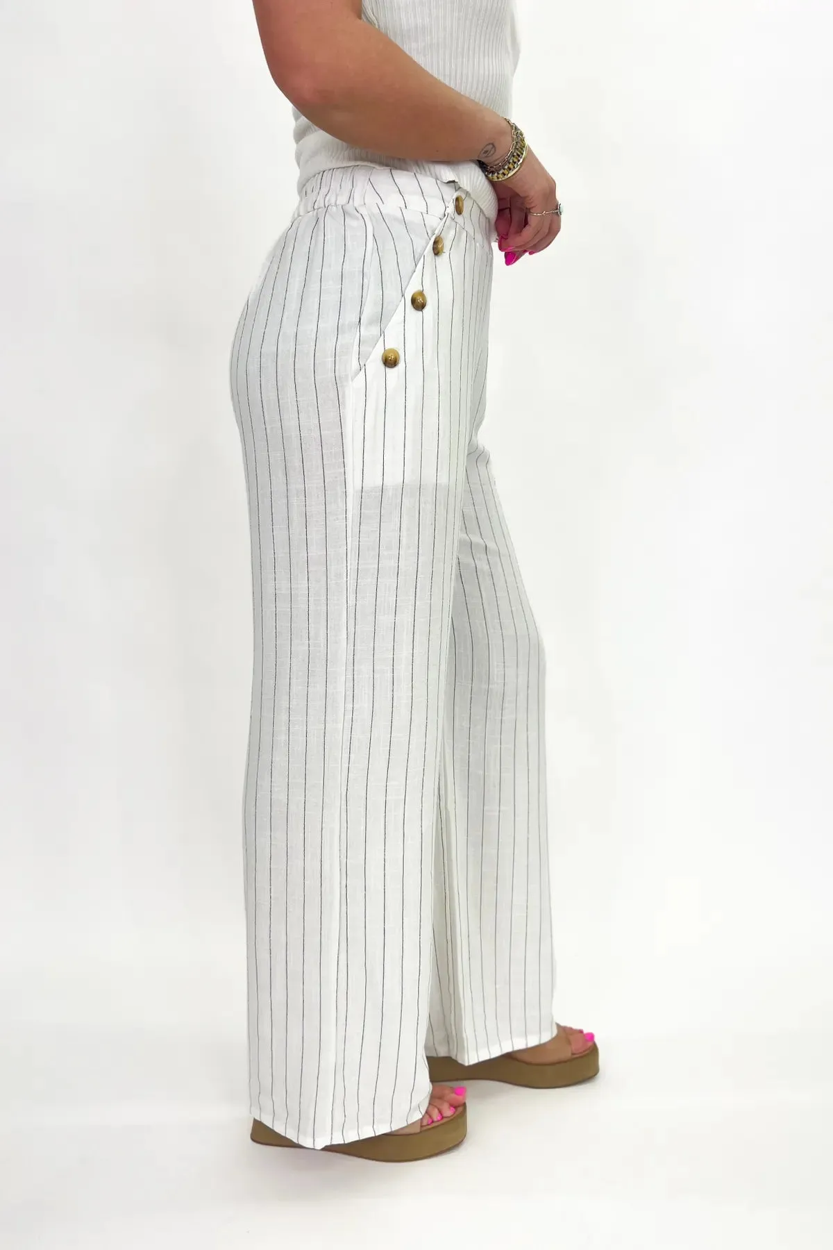 Off White Stripe Linen Button Detail Bottoms