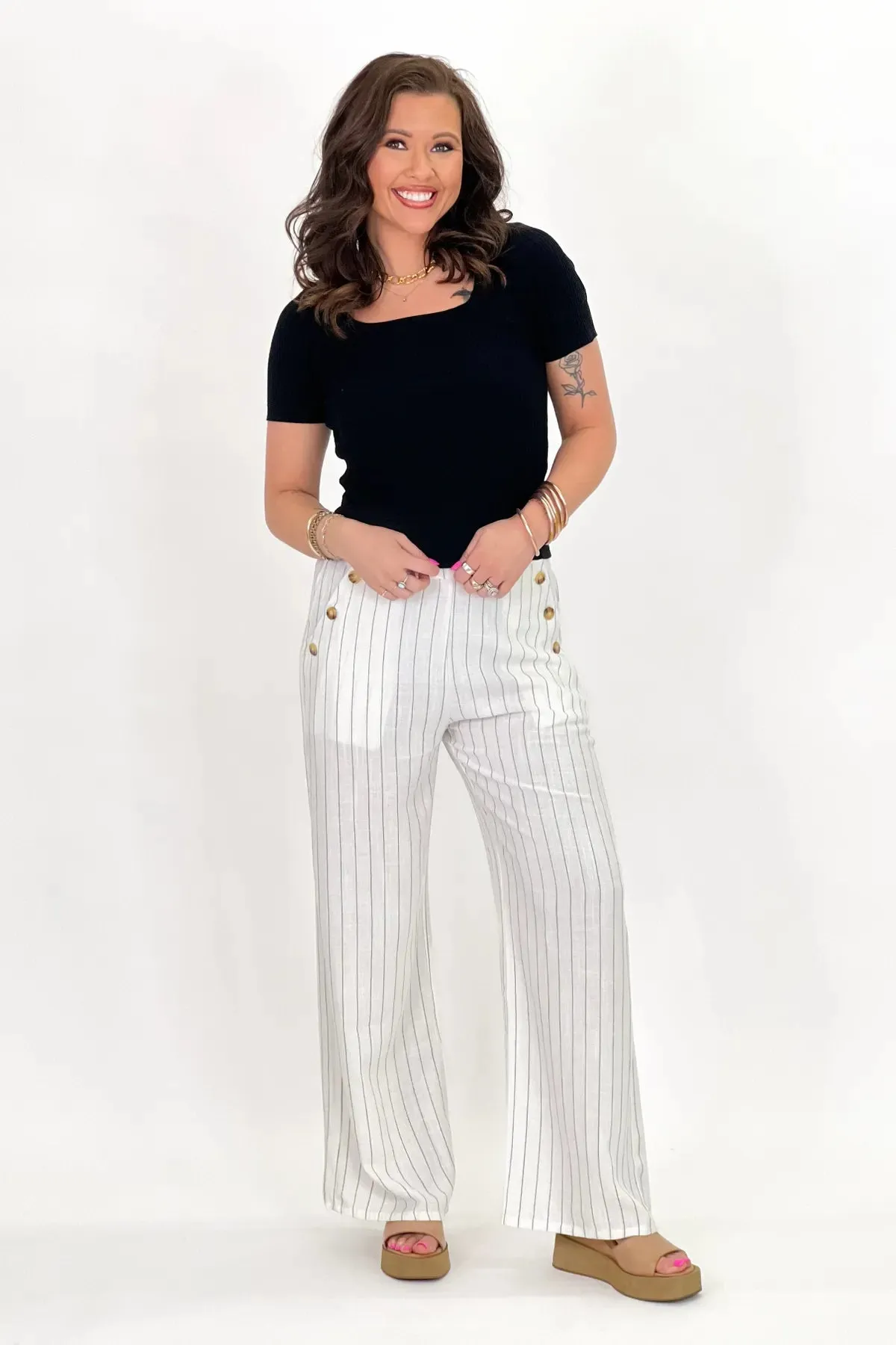 Off White Stripe Linen Button Detail Bottoms