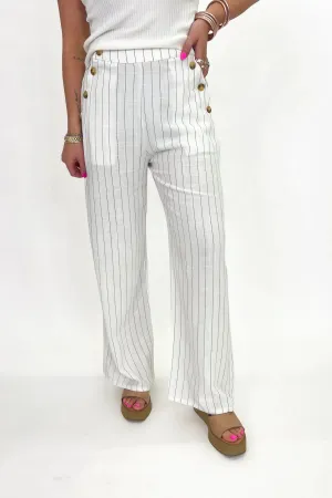 Off White Stripe Linen Button Detail Bottoms