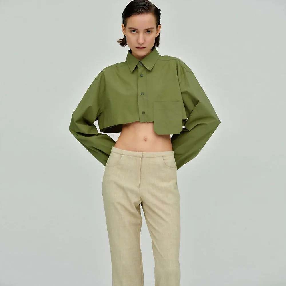 Oversized Long Sleeve Button Down Pointed Collar Cropped Shirt - Green