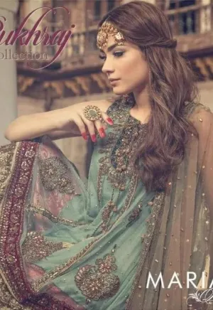 Pakistani Designer Chiffon green red color tilla embroidery - C561