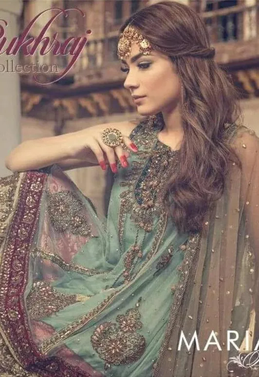 Pakistani Designer Chiffon green red color tilla embroidery - C561