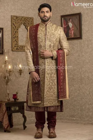 Pakistani Gold Sherwani for Groom with Red Shawl #GR110