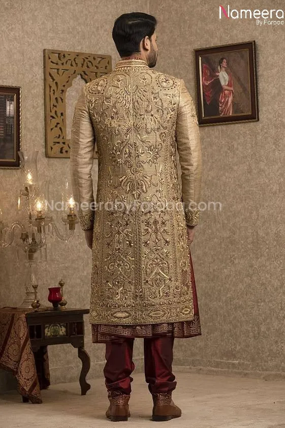 Pakistani Gold Sherwani for Groom with Red Shawl #GR110