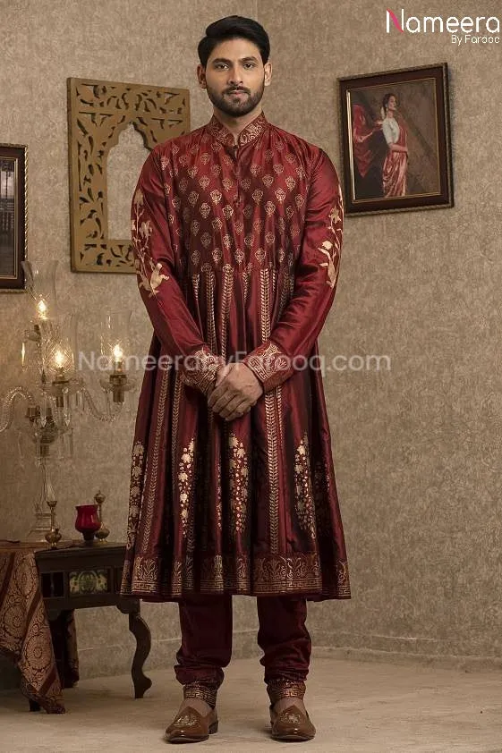 Pakistani Gold Sherwani for Groom with Red Shawl #GR110