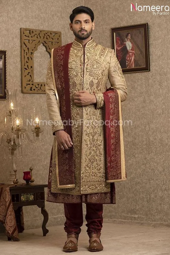Pakistani Gold Sherwani for Groom with Red Shawl #GR110