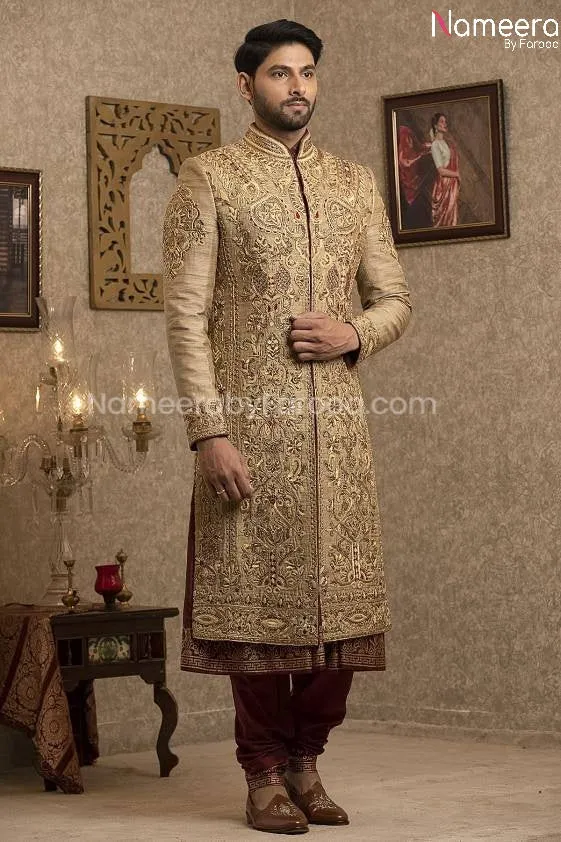 Pakistani Gold Sherwani for Groom with Red Shawl #GR110