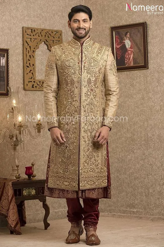 Pakistani Gold Sherwani for Groom with Red Shawl #GR110