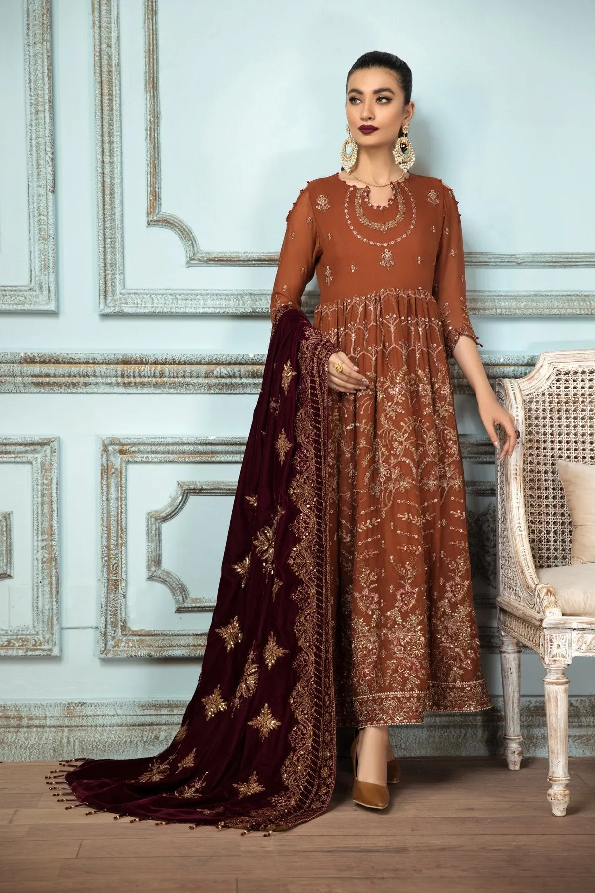 Pakistani Kameez Salwar in Rusty Brown Shade #PF287