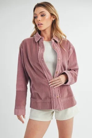 Pink Side Slit Exposed Seam Button Up Corduroy Jacket
