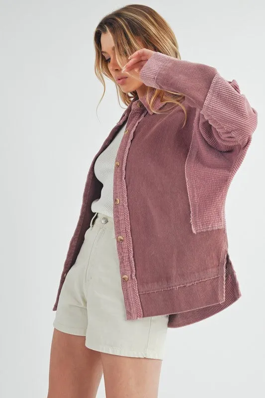 Pink Side Slit Exposed Seam Button Up Corduroy Jacket