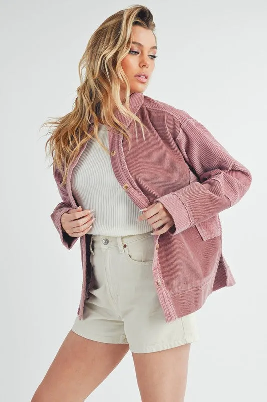 Pink Side Slit Exposed Seam Button Up Corduroy Jacket