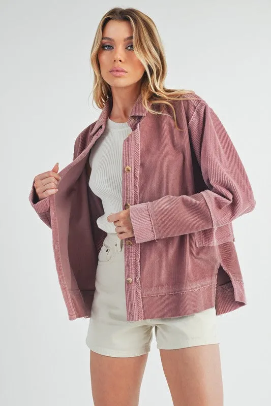 Pink Side Slit Exposed Seam Button Up Corduroy Jacket