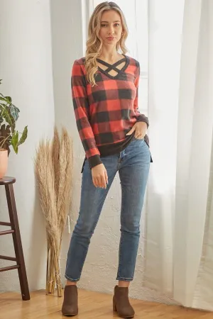 Plaid V Neck Long-sleeved Top