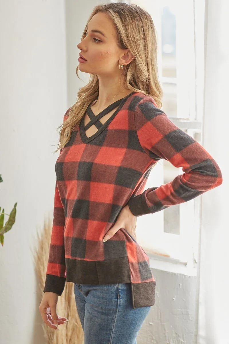 Plaid V Neck Long-sleeved Top