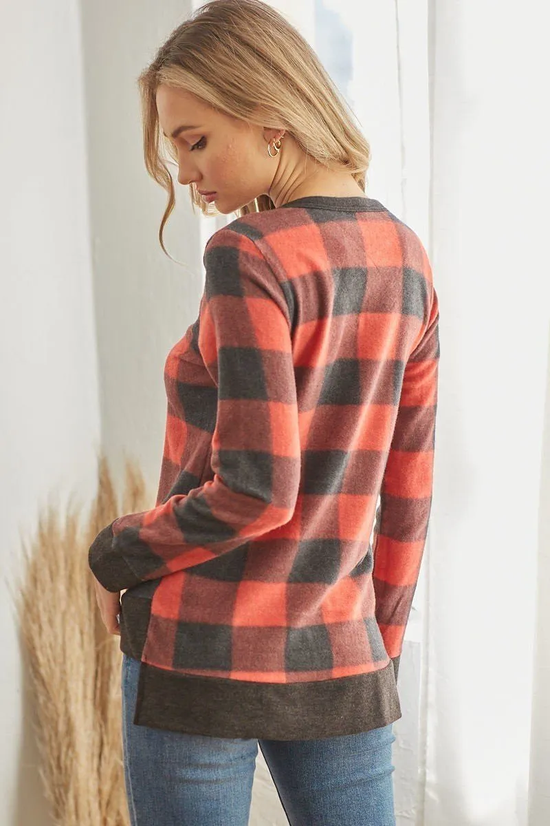 Plaid V Neck Long-sleeved Top